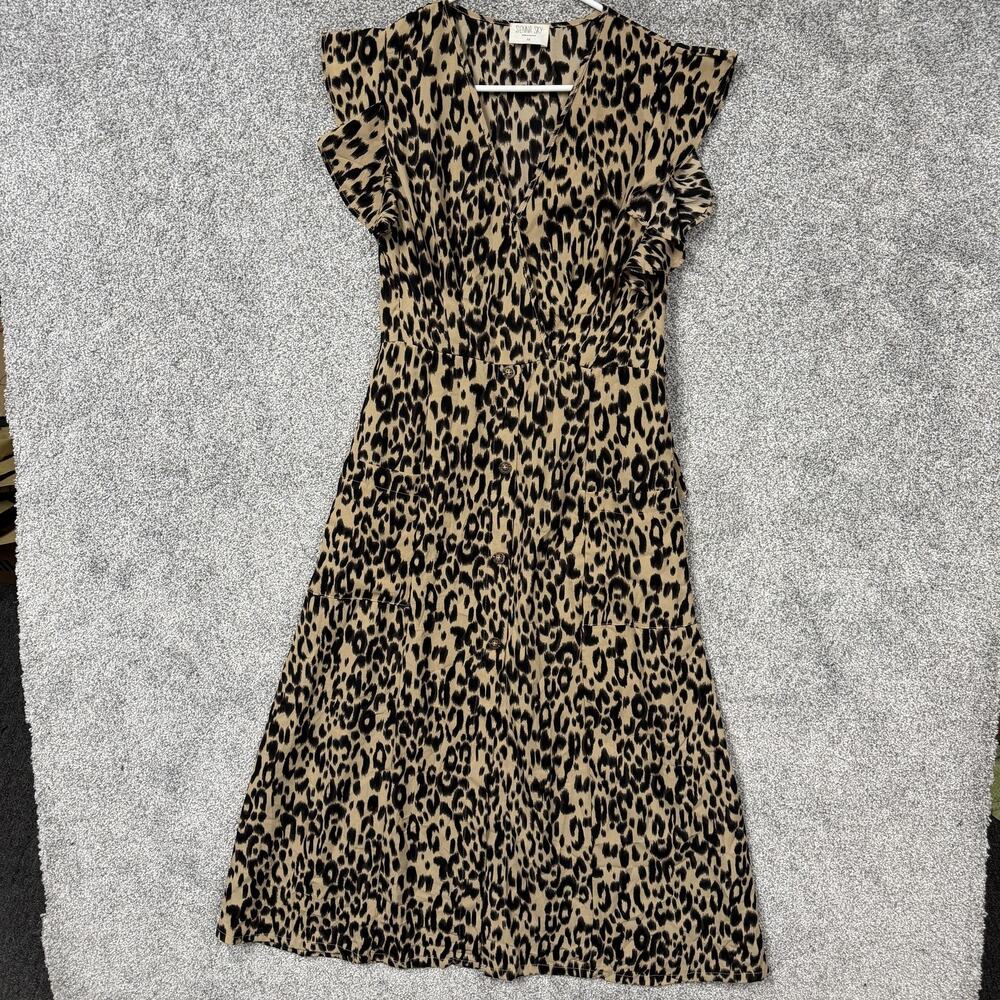 Sienna Sky Dress Medium Brown Leopard Fit Flare Belt Midi Flutter Sleeve Boho
